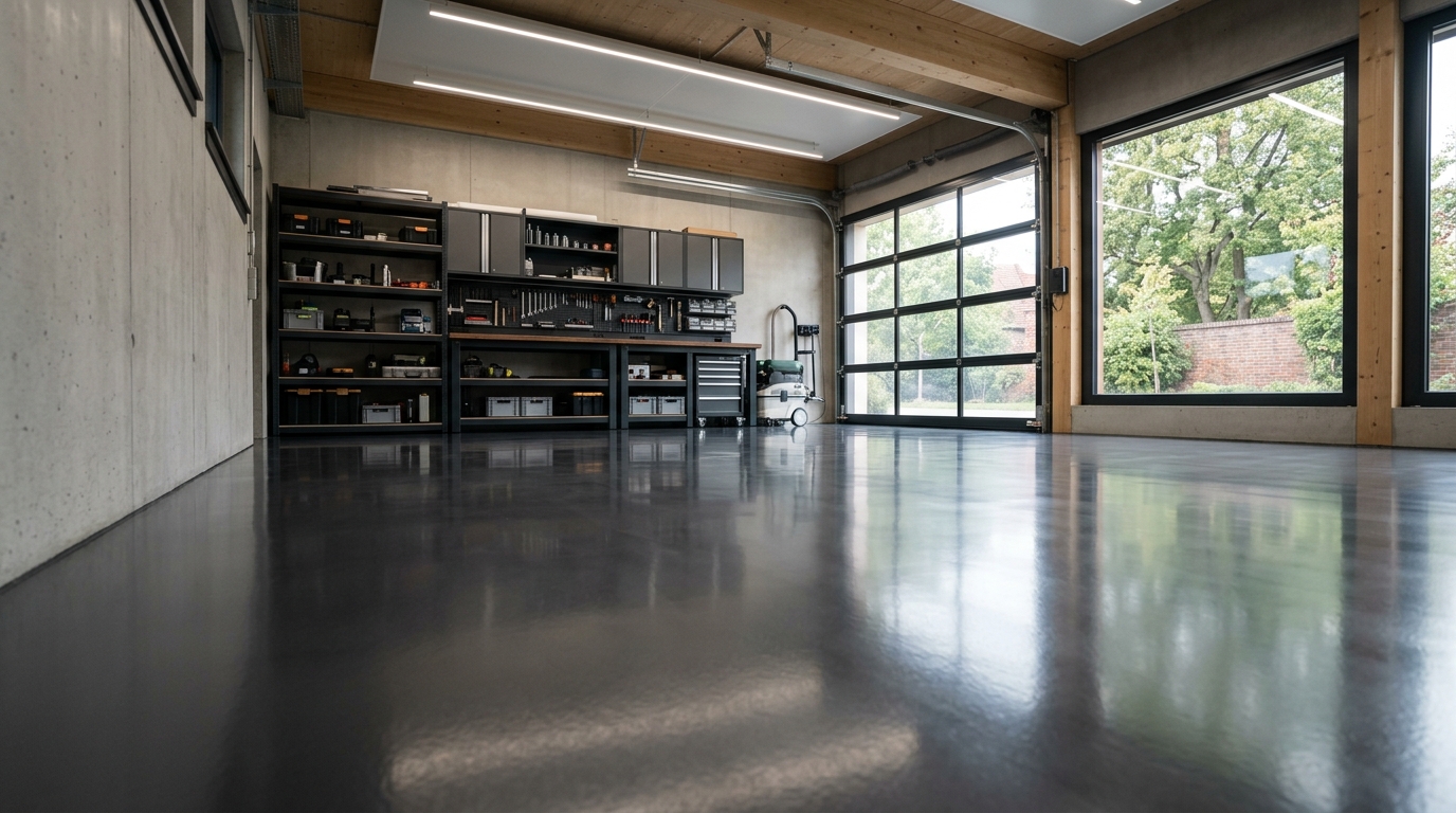 Moderne Werkstatt-Garage mit glänzendem dunkelgrauen Epoxidharzboden als Hauptmotiv – Bodenbeschichtung von Terbeck Service, Gronau (Westf.)
